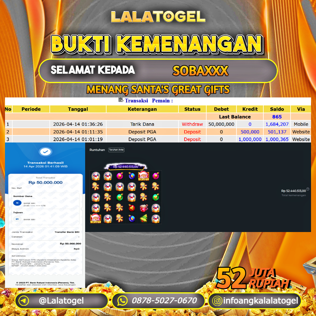 LALATOGEL JACKPOT SLOT SANTA'S GREAT GIFTS RP.52.000.000, - LUNAS USER ID : SOBAXXX