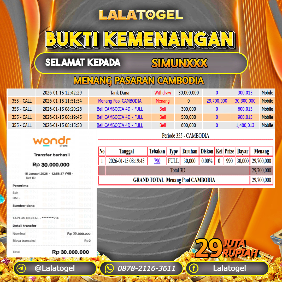 LALATOGEL JACKPOT TOGEL PASARAN CAMBODIA RP.29.000.000, - LUNAS USER ID : SIMUNXXX