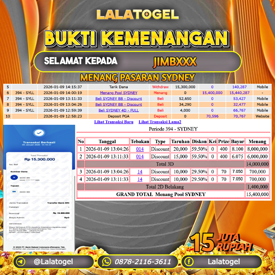 LALATOGEL JACKPOT TOGEL PASARAN SYDNEY RP.15.000.000, - LUNAS USER ID :  JIMBXXX 
