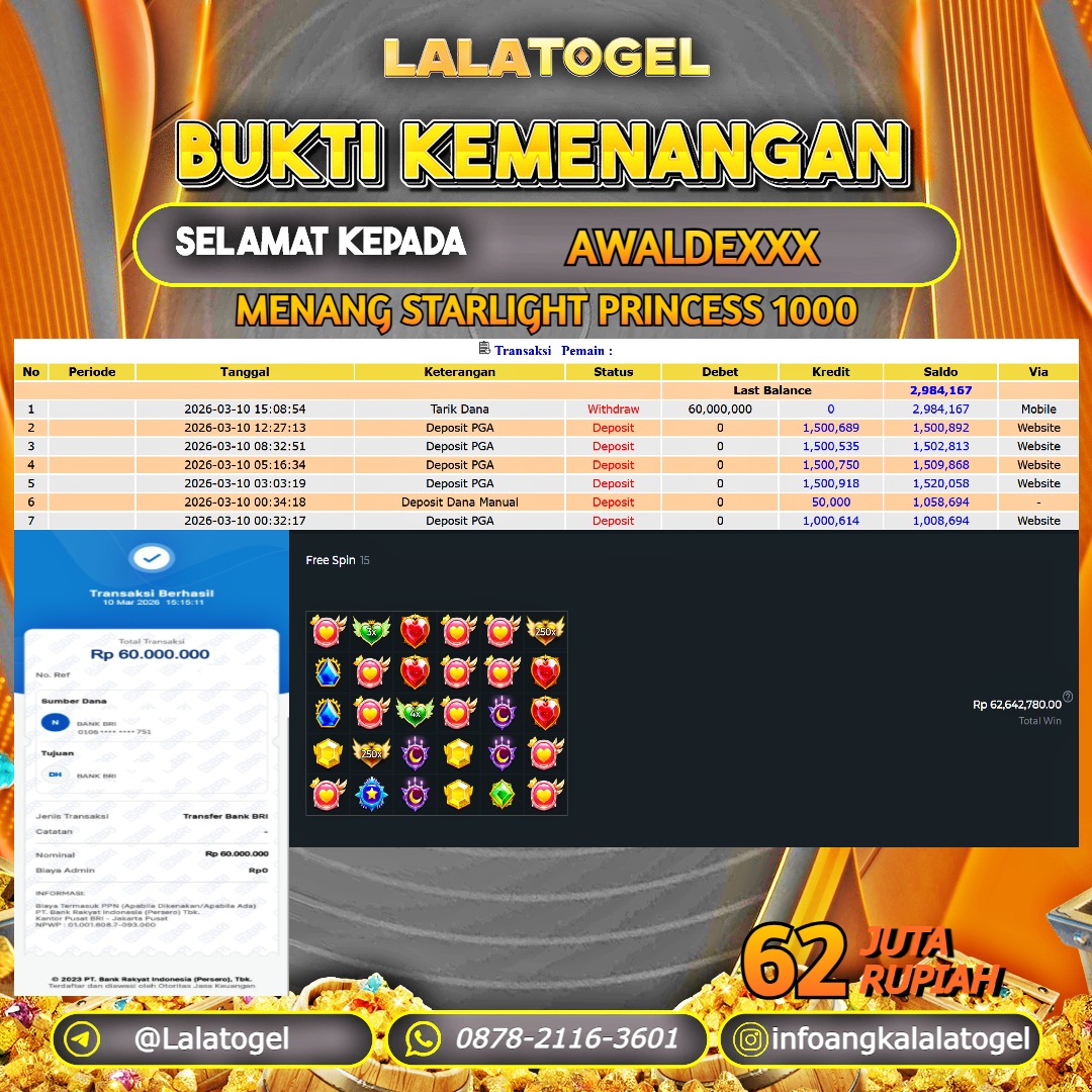 LALATOGEL JACKPOT SLOT STARLIGHT PRINCESS 1000 RP.62.000.000, - LUNAS USER ID :   AWALDEXXX