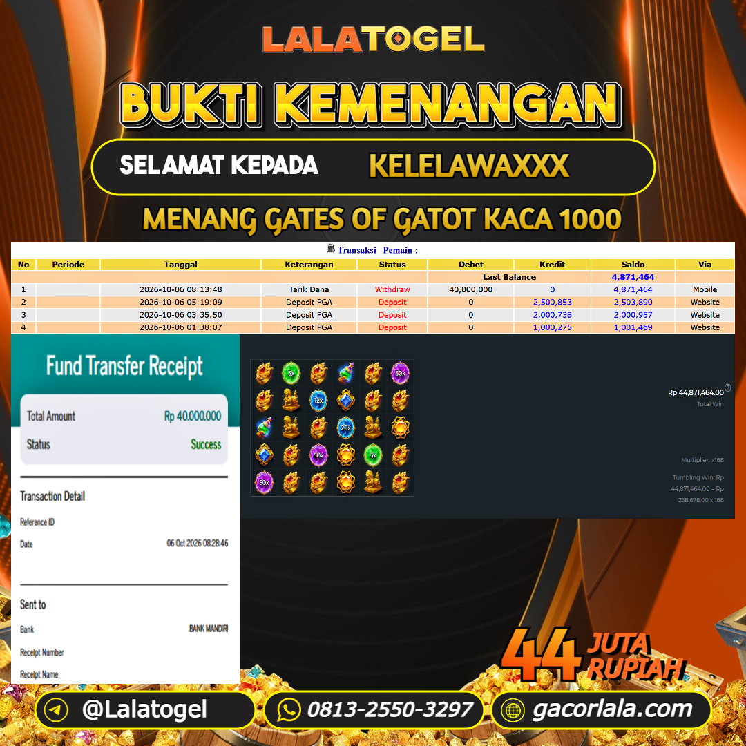 LALATOGEL JACKPOT SLOT GAMES GATES OF GATOT KACA 1000 RP.44.000.000, - LUNAS USER ID : KELELAWAXXX