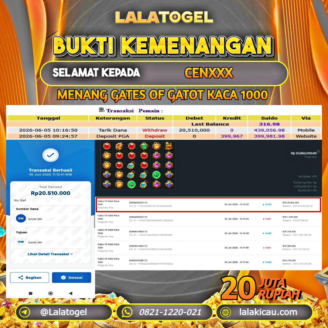 LALATOGEL JACKPOT SLOT GATES OF GATOT KACA 1000 RP.20.000.000, - LUNAS USER ID :  CENXXX  