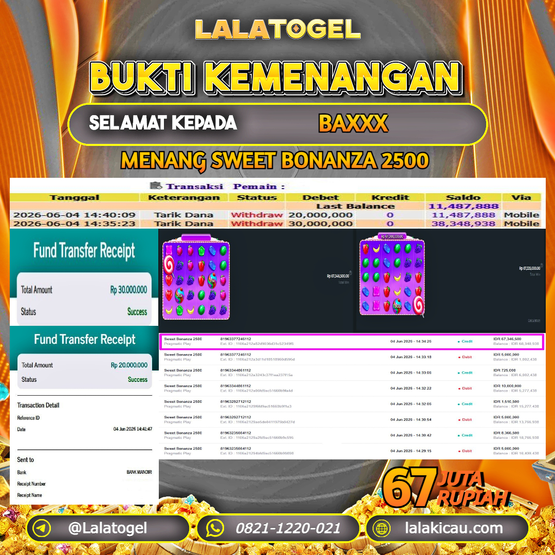 LALATOGEL JACKPOT SLOT SWEET BONANZA 2500 RP.67.000.000, - LUNAS USER ID : BAXXX 