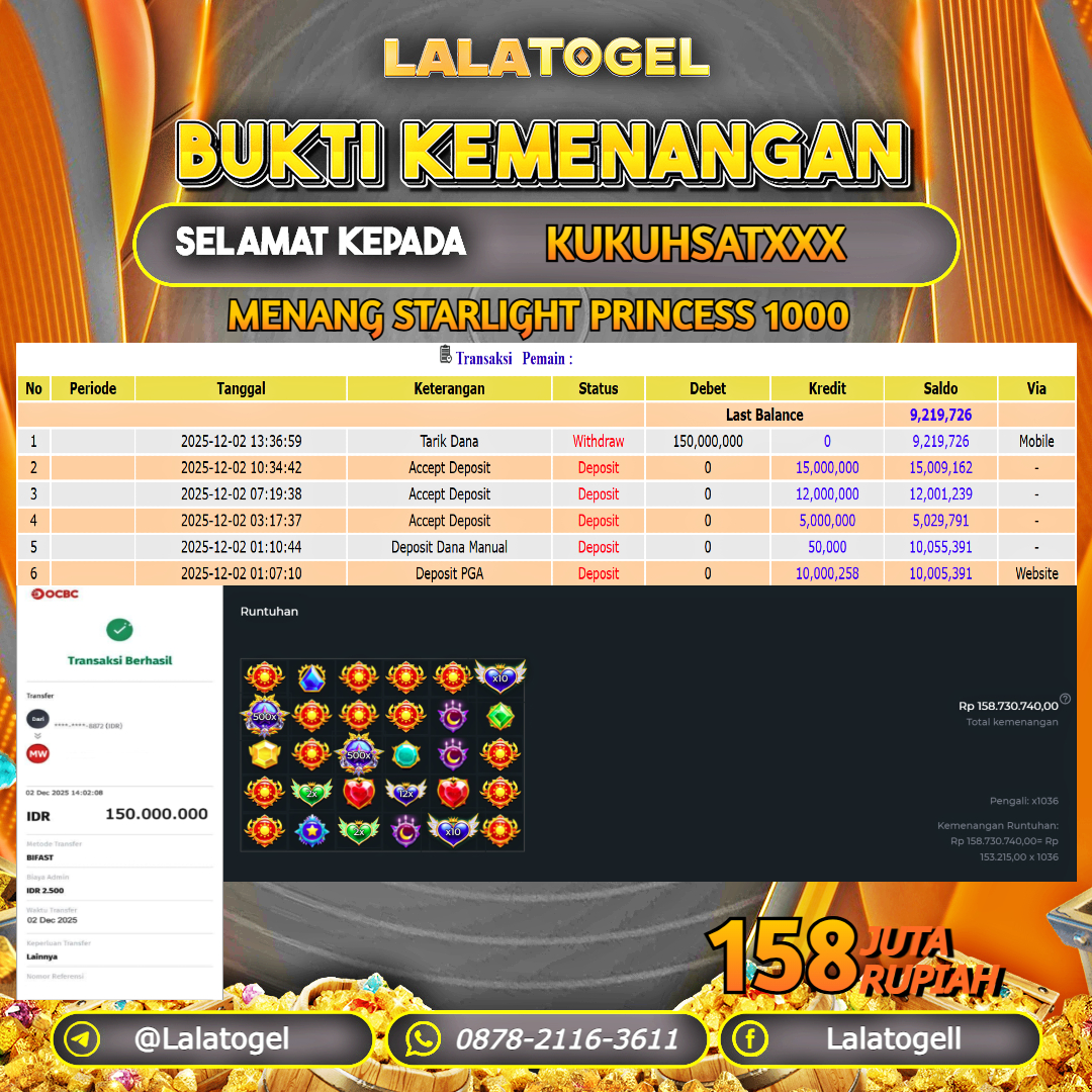 LALATOGEL JACKPOT SLOT STARLIGHT PRINCESS 1000 RP.158.000.000, - LUNAS USER  ID  :  KUKUHSATXXX