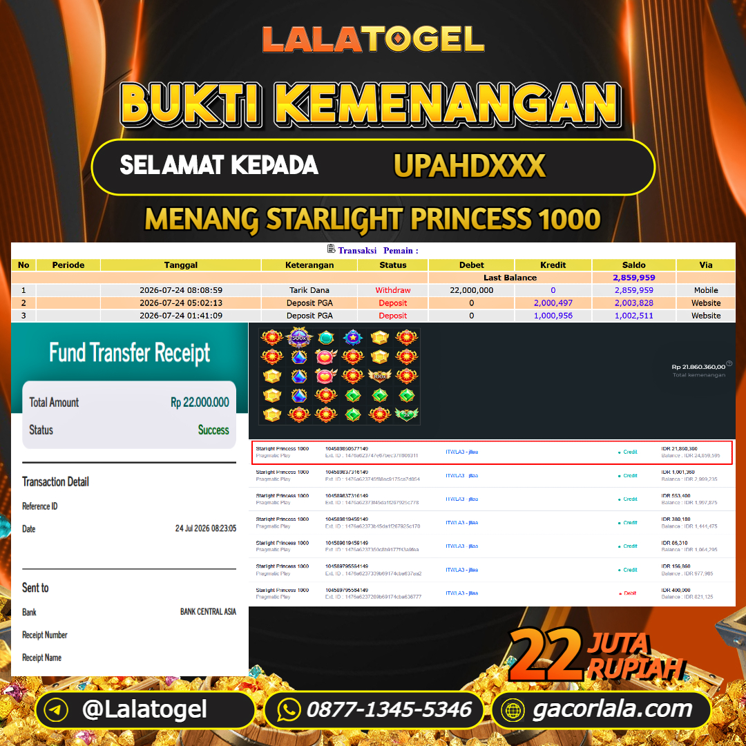 LALATOGEL JACKPOT SLOT GAMES STARLIGHT PRINCESS 1000 RP.22.000.000, - LUNAS USER ID : UPAHDXXX