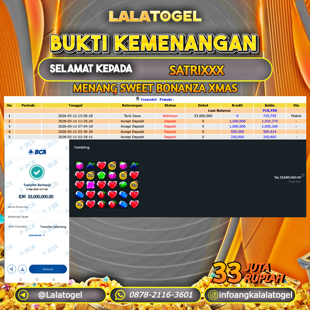 LALATOGEL JACKPOT SLOT SWEET BONANZA XMAS RP.33.000.000, - LUNAS USER ID :  SATRIXXX