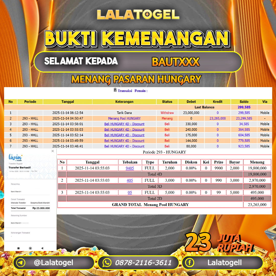 LALATOGEL JACKPOT TOGEL PASARAN HUNGARY RP.23.000.000, - LUNAS USER ID :   BAUTXXX  