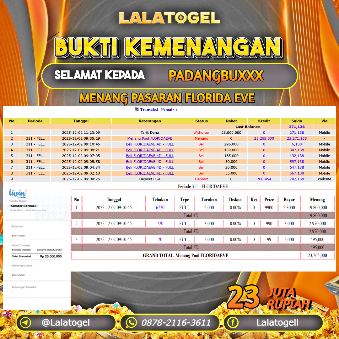 LALATOGEL JACKPOT TOGEL PASARAN FLORIDA EVE RP.23.000.000, - LUNAS USER ID  : PADANGBUXXX  
