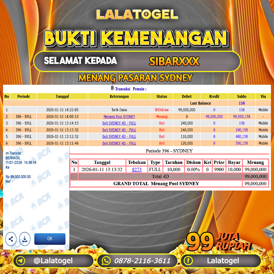 LALATOGEL JACKPOT TOGEL PASARAN SYDNEY RP.99.000.000, - LUNAS USER ID : SIBARXXX