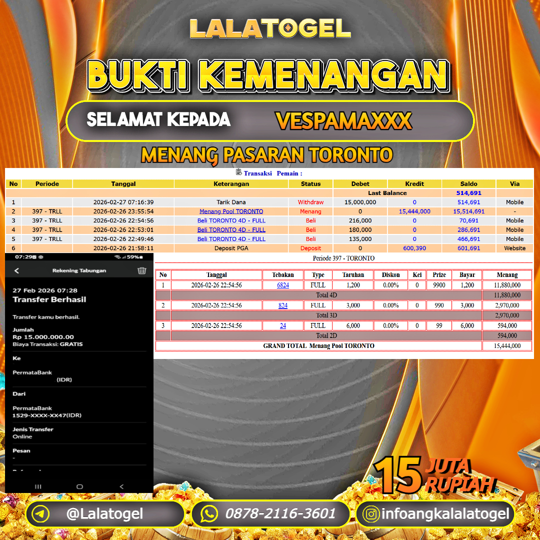 LALATOGEL JACKPOT TOGEL PASARAN TORONTO RP.15.000.000, - LUNAS USER ID : VESPAMAXXX 