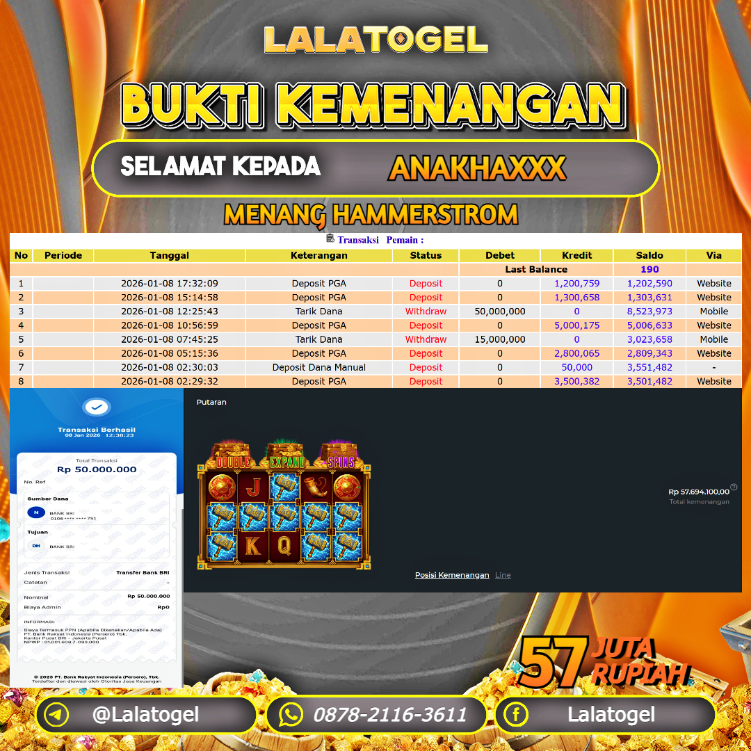LALATOGEL JACKPOT SLOT  HAMMERSTROM  RP.57.000.000, - LUNAS USER ID : ANAKHAXXX 