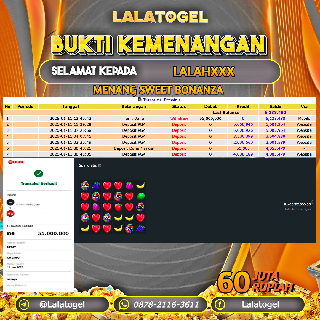 LALATOGEL JACKPOT SLOT SWEET BONANZA RP.60.000.000, - LUNAS USER ID :  LALAHXXX 