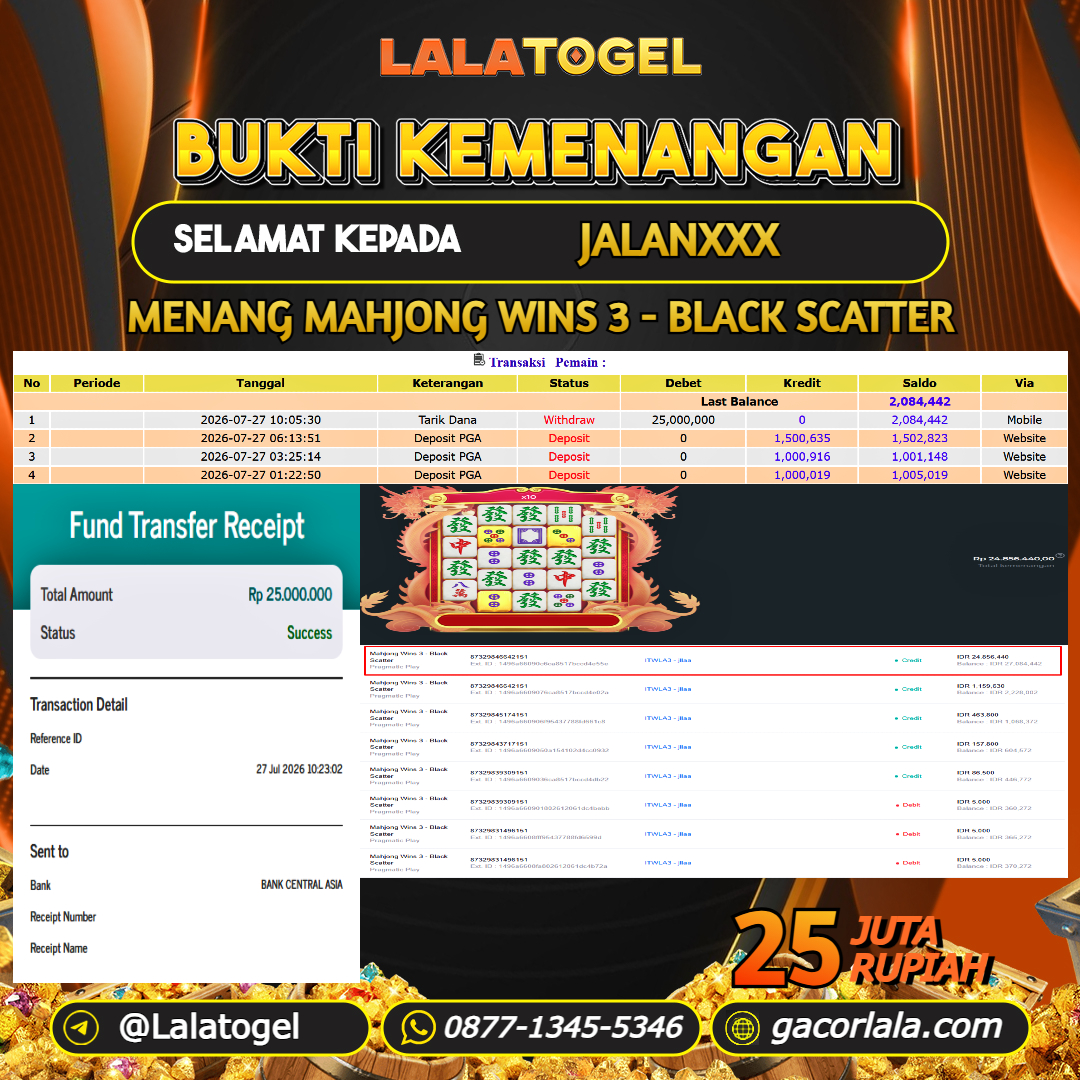 LALATOGEL JACKPOT SLOT GAMES MAHJONG WINS 3 - BLACK SCATTER RP.25.000.000, - LUNAS USER ID : JALANXXX