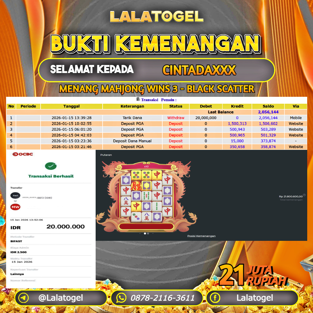 LALATOGEL JACKPOT SLOT MAHJONG WINS 3 - BLACK SCATTER RP.21.000.000, - LUNAS USER ID : CINTADAXXX