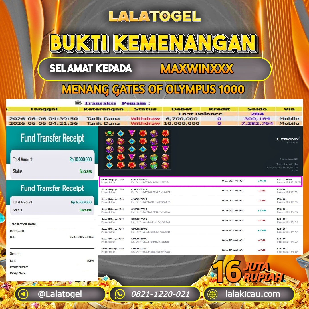 LALATOGEL JACKPOT SLOT GATES OF OLYMPUS 1000 RP.16.000.000, - LUNAS USER ID : MAXWINXXX 