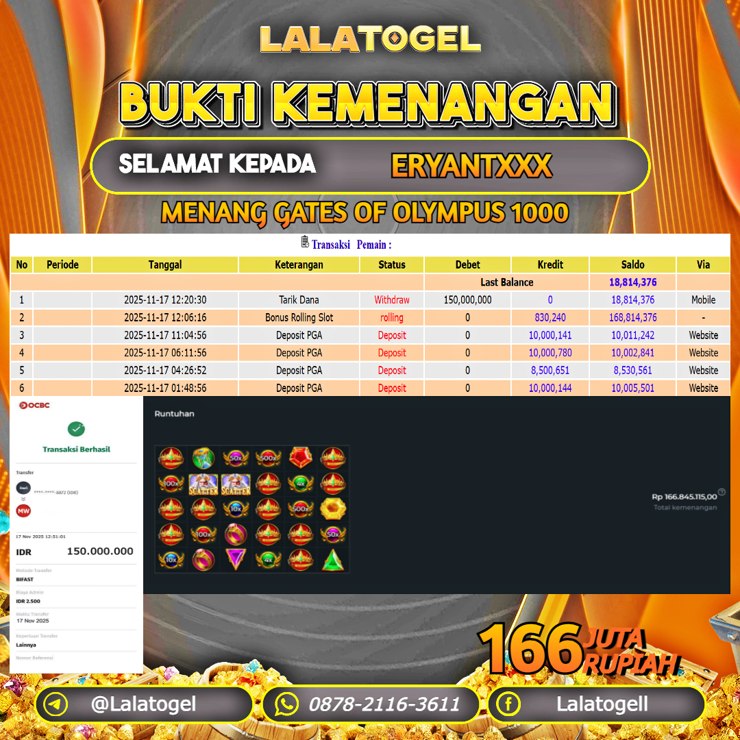 LALATOGEL JACKPOT SLOT GATES OF OLYMPUS 1000 RP.166.000.000, - LUNAS USER  ID  :  ERYANTXXX