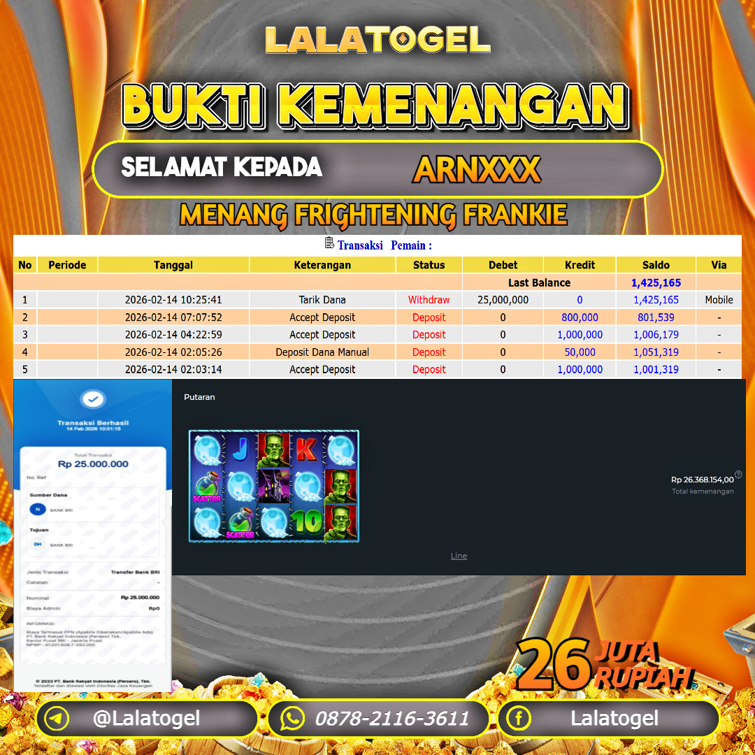 LALATOGEL JACKPOT SLOT FRIGHTENING FRANKIE RP.26.000.000, - LUNAS USER ID : ARNXXX