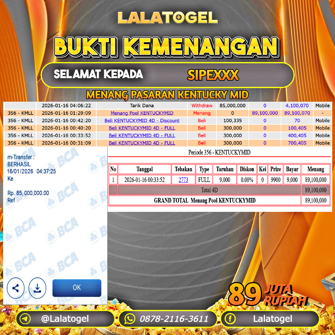 LALATOGEL JACKPOT TOGEL PASARAN KENTUCKY MID RP.89.000.000, - LUNAS USER ID : SIPEXXX