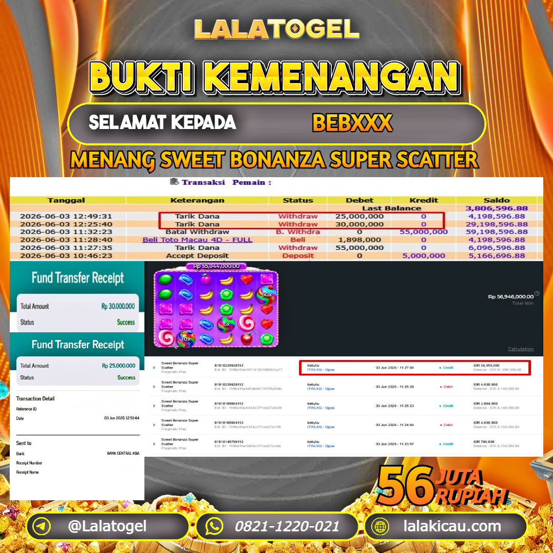 LALATOGEL JACKPOT SLOT SWEET BONANZA SUPER SCATTER RP.56.000.000, - LUNAS USER ID : BEBXXX 