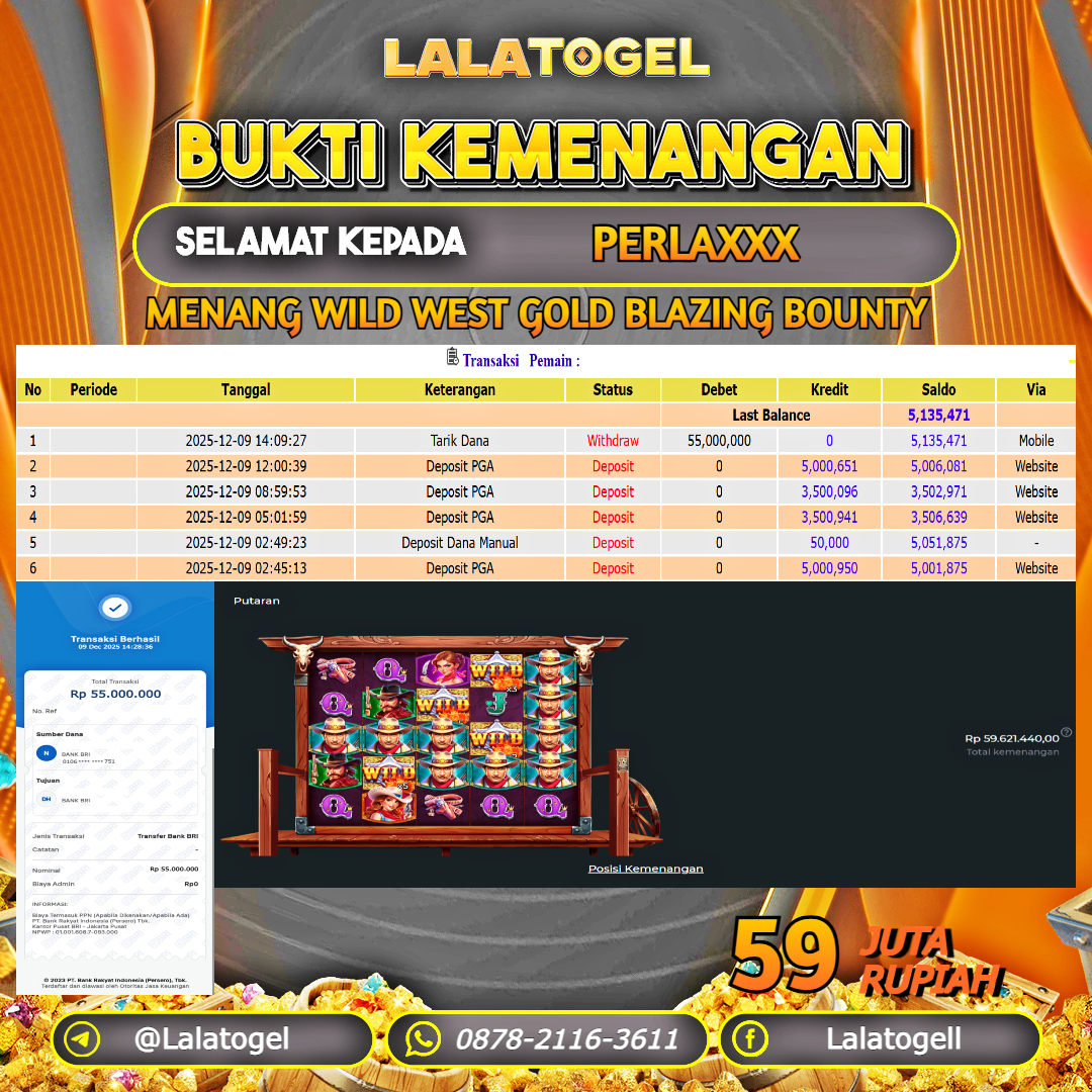 LALATOGEL JACKPOT SLOT WILD WEST GOLD BLAZING BOUNTY RP.59.000.000, - LUNAS USER  ID  :   PERLAXXX