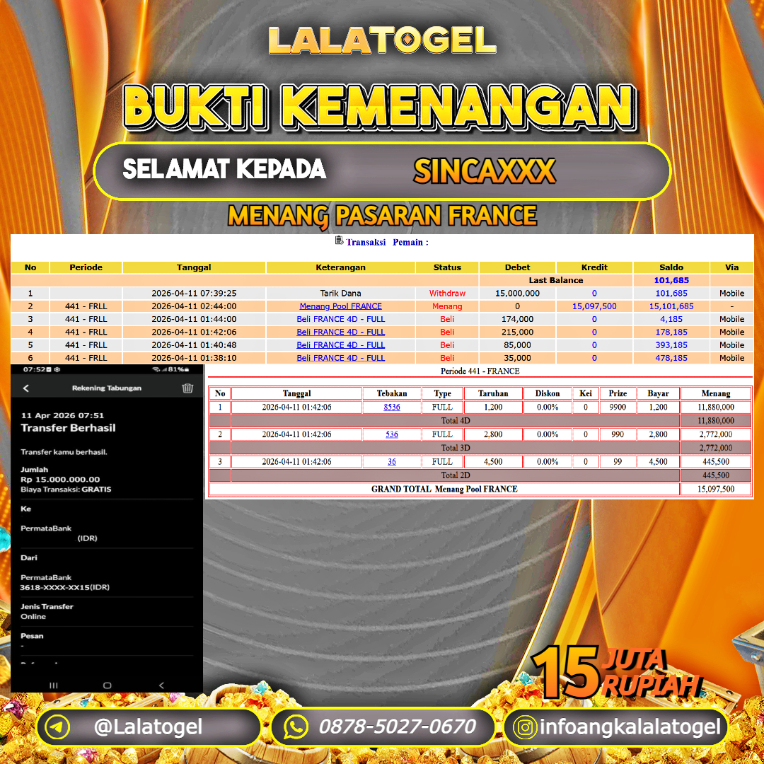 LALATOGEL JACKPOT TOGEL PASARAN FRANCE RP.15.000.000, - LUNAS USER ID : SINCAXXX