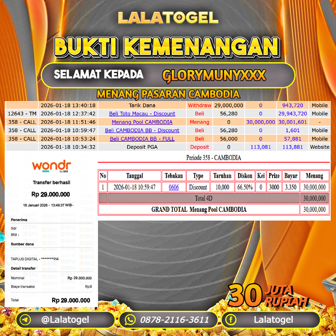 LALATOGEL JACKPOT TOGEL PASARAN CAMBODIA RP.30.000.000, - LUNAS USER ID :  GLORYMUNYXXX 