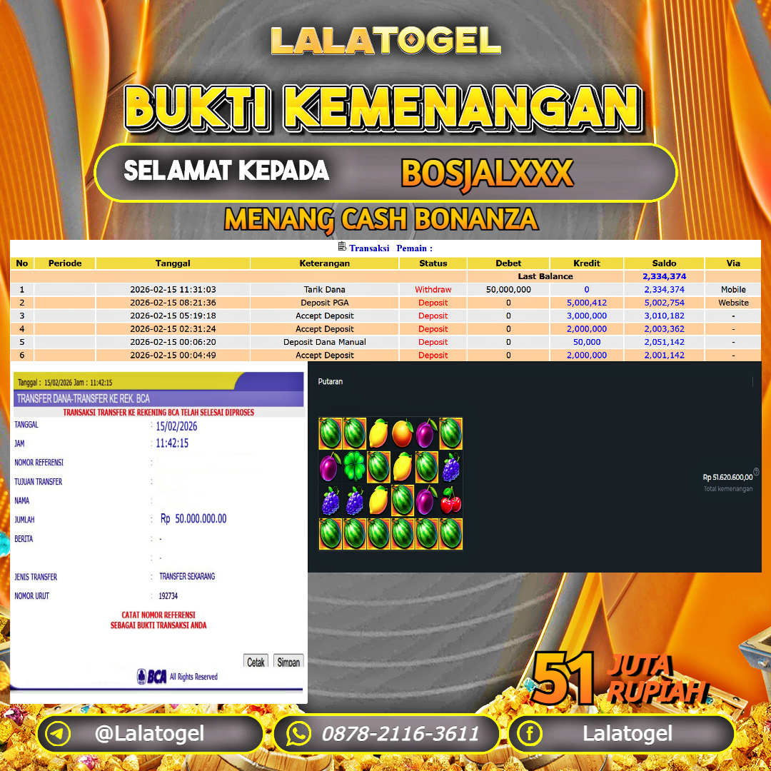 LALATOGEL JACKPOT SLOT CASH BONANZA RP.51.000.000, - LUNAS USER ID :  BOSJALXXX 