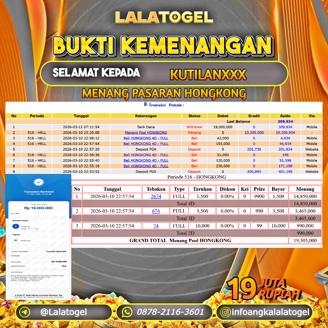 LALATOGEL JACKPOT TOGEL PASARAN HONGKONG RP.19.000.000, - LUNAS USER ID :  KUTILANXXX