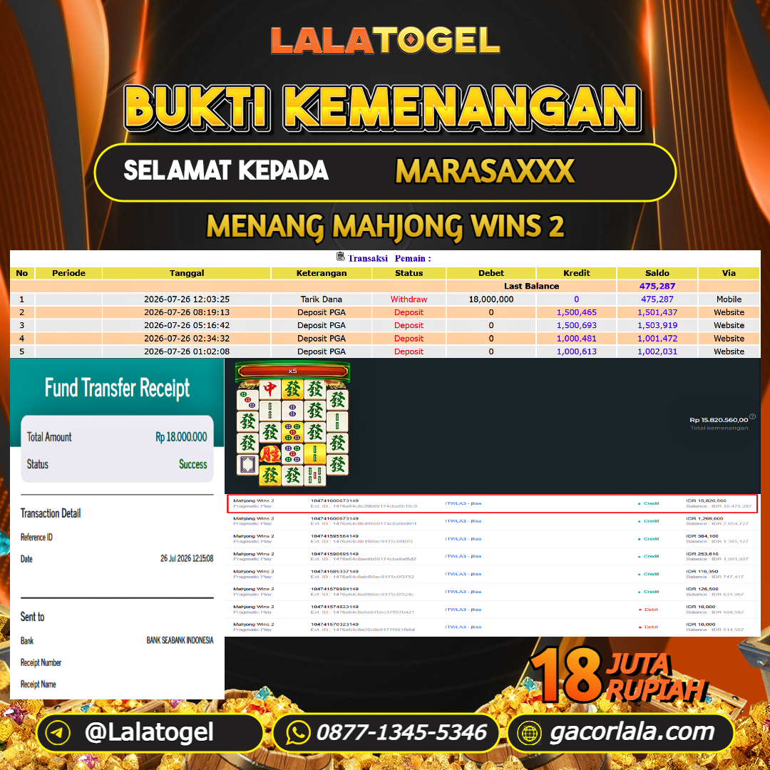 LALATOGEL JACKPOT SLOT GAMES MAHJONG WINS 2 RP.18.000.000, - LUNAS USER ID : MARASAXXX