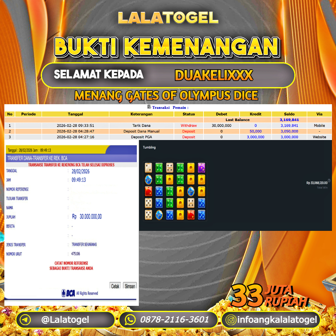 LALATOGEL JACKPOT SLOT GATES OF OLYMPUS DICE RP.33.000.000, - LUNAS USER ID : DUAKELIXXX