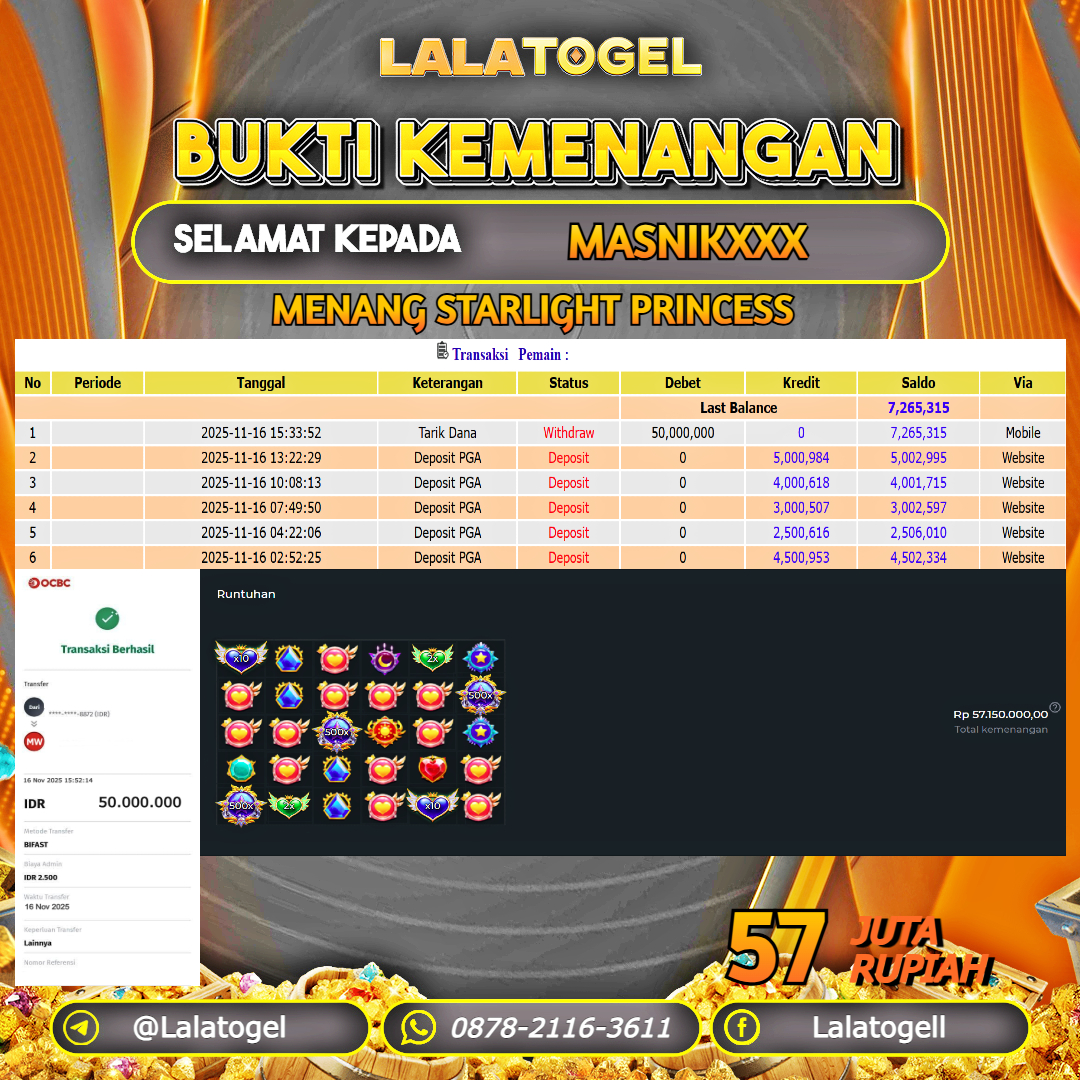 LALATOGEL JACKPOT SLOT STARLIGHT PRINCESS RP.57.000.000, - LUNAS USER  ID  :  MASNIKXXX