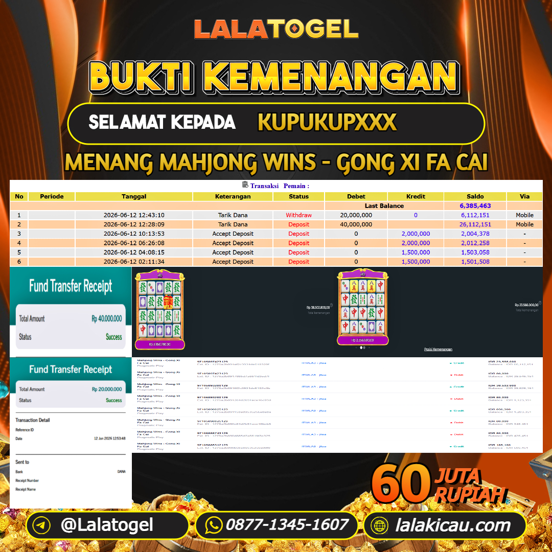 LALATOGEL JACKPOT SLOT GAMES MAHJONG WINS - GONG XI FA CAI RP.60.000.000, - LUNAS USER ID :  KUPUKUPXXX 