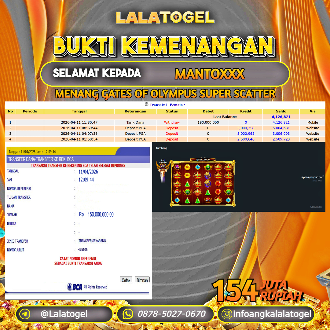 LALATOGEL JACKPOT SLOT GATES OF OLYMPUS SUPER SCATTER RP.154.000.000, - LUNAS USER ID : MANTOXXX