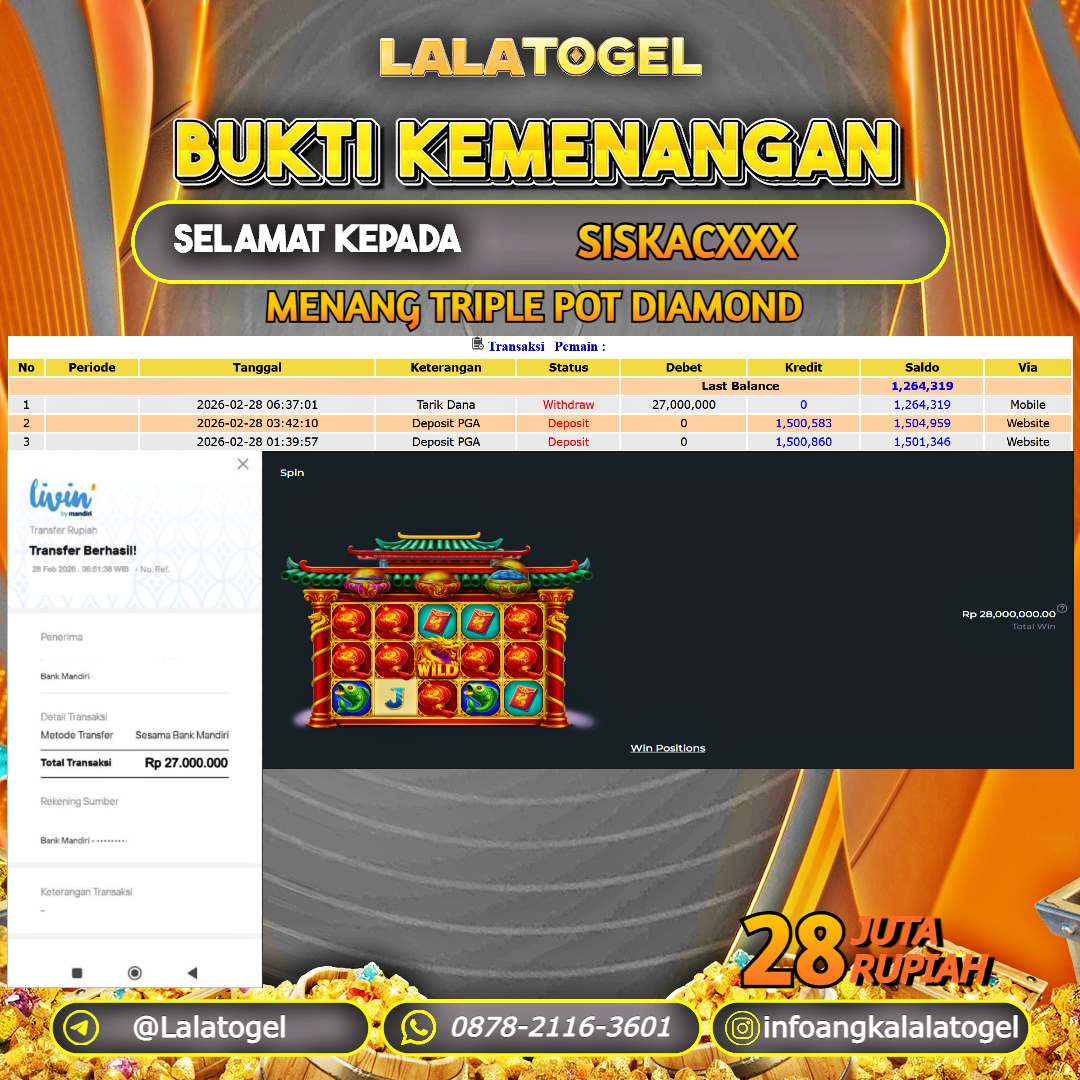LALATOGEL JACKPOT SLOT TRIPLE POT DIAMOND RP.28.000.000, - LUNAS USER ID : SISKACXXX