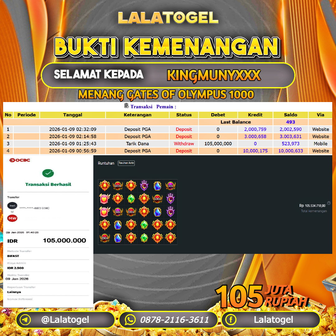 LALATOGEL JACKPOT SLOT GATES OF OLYMPUS 1000 RP.105.000.000, - LUNAS USER ID :   KINGMUNYXXX 