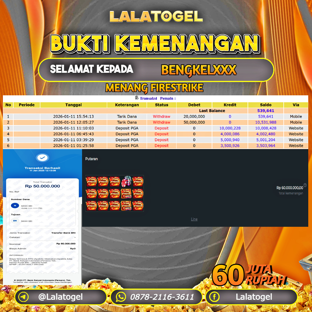 LALATOGEL JACKPOT SLOT FIRESTRIKE RP.60.000.000, - LUNAS USER ID : BENGKELXXX 