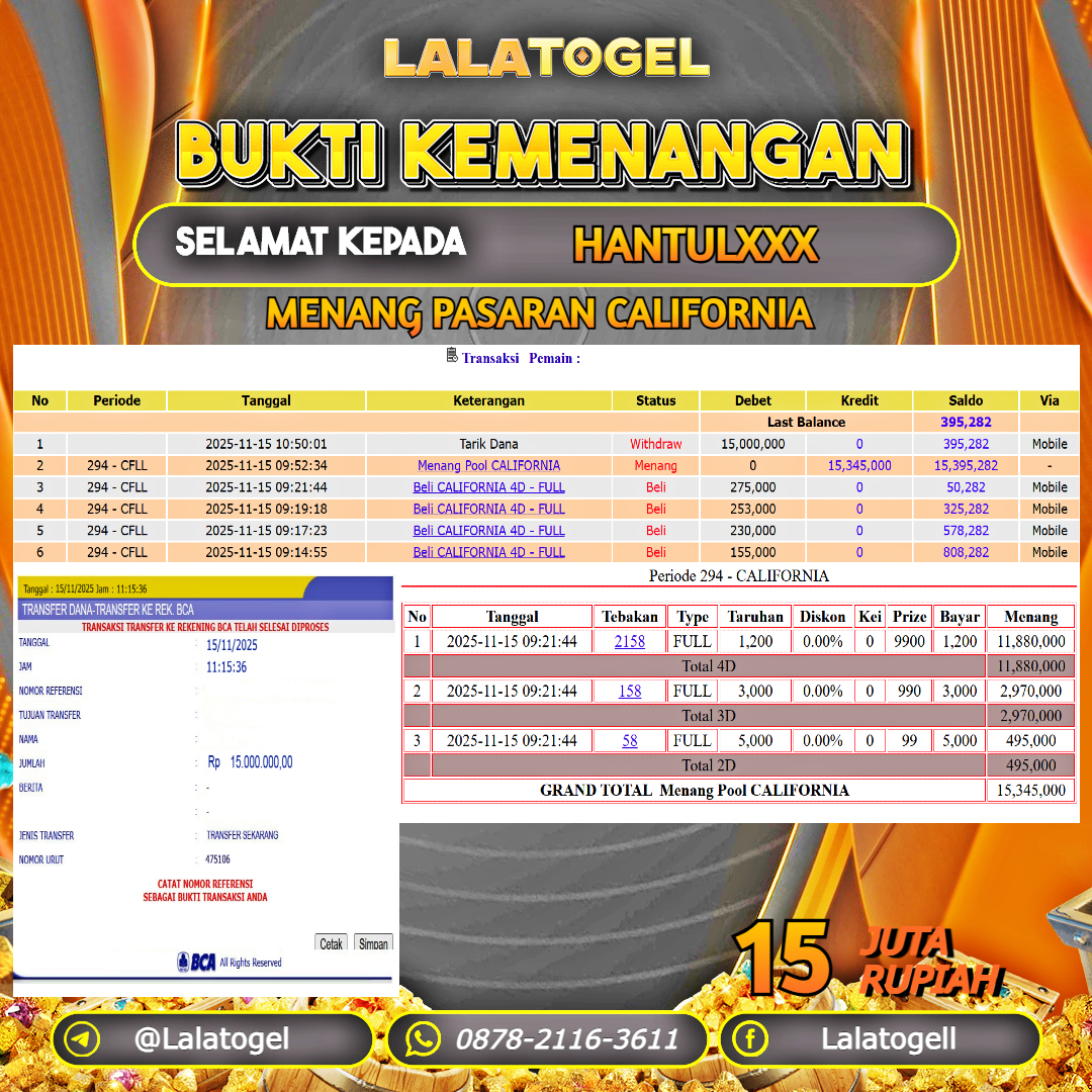 LALATOGEL JACKPOT TOGEL PASARAN CALIFORNIA RP.15.000.000, - LUNAS USER ID :   HANTULXXX  