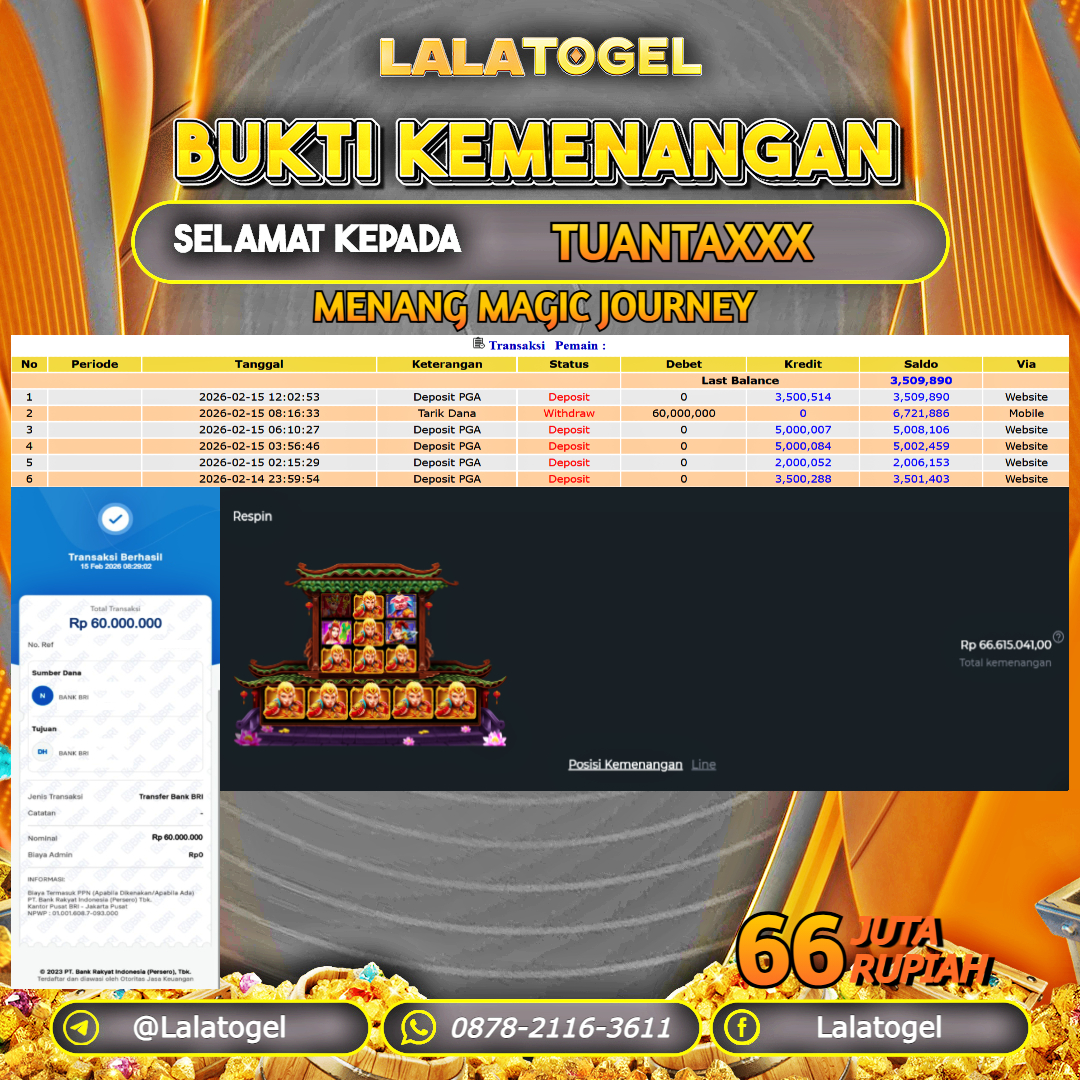 LALATOGEL JACKPOT SLOT MAGIC JOURNEY RP.66.000.000, - LUNAS USER ID : TUANTAXXX 