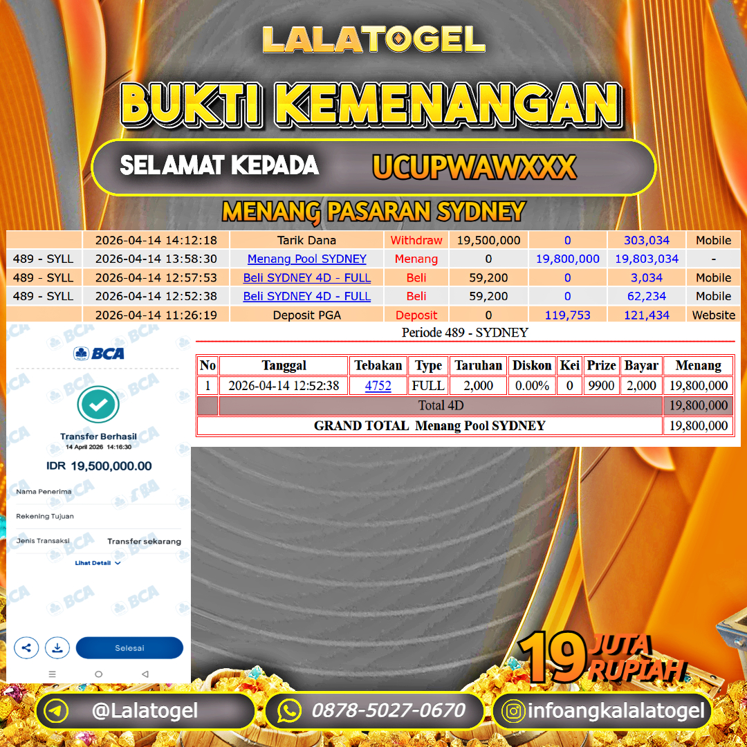 LALATOGEL JACKPOT TOGEL PASARAN SYDNEY RP.19.000.000, - LUNAS USER ID : UCUPWAWXXX