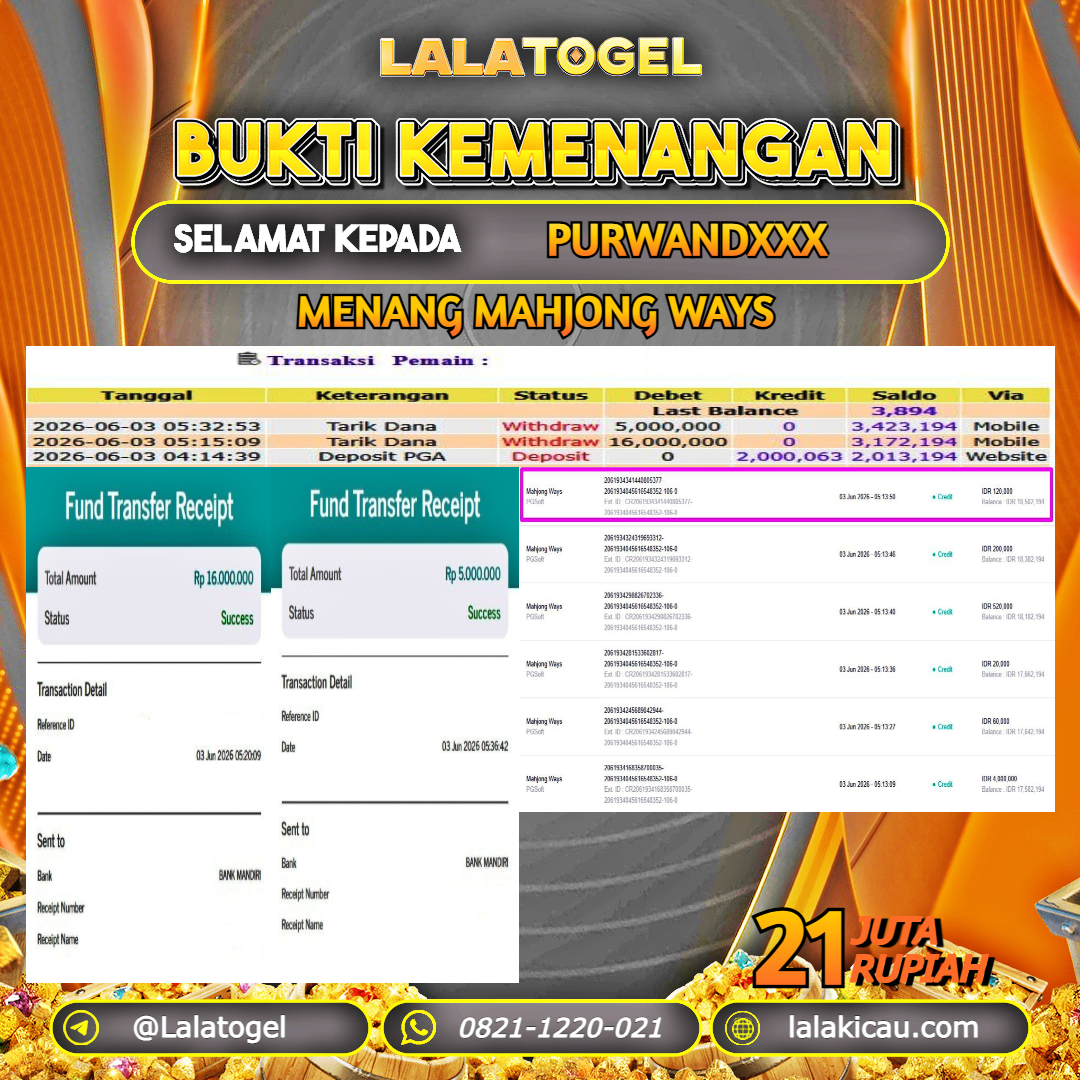 LALATOGEL JACKPOT SLOT MAHJONG WAYS RP.21.000.000, - LUNAS USER ID : PURWANDXXX XXX 