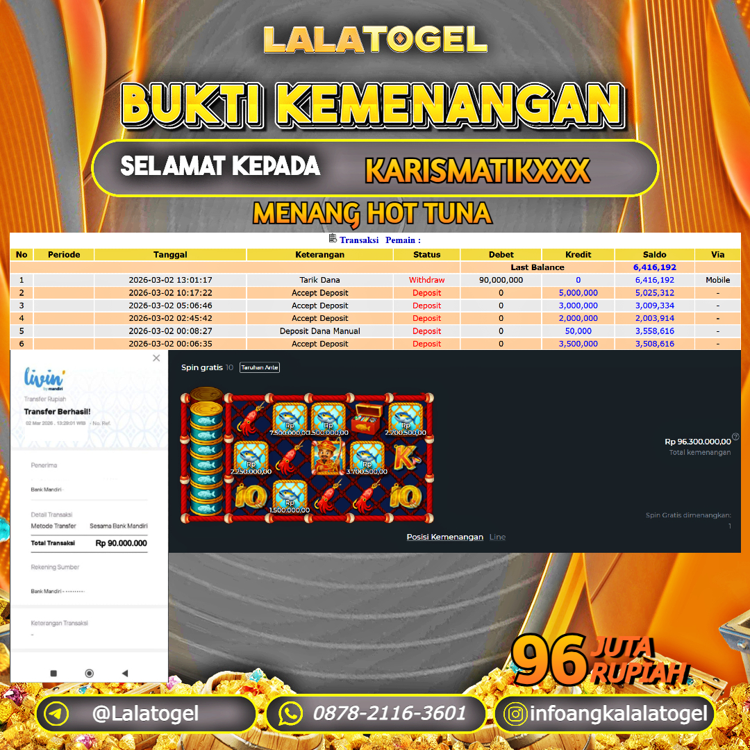 LALATOGEL JACKPOT SLOT HOT TUNA RP.96.000.000, - LUNAS USER ID : KARISMATIKXXX