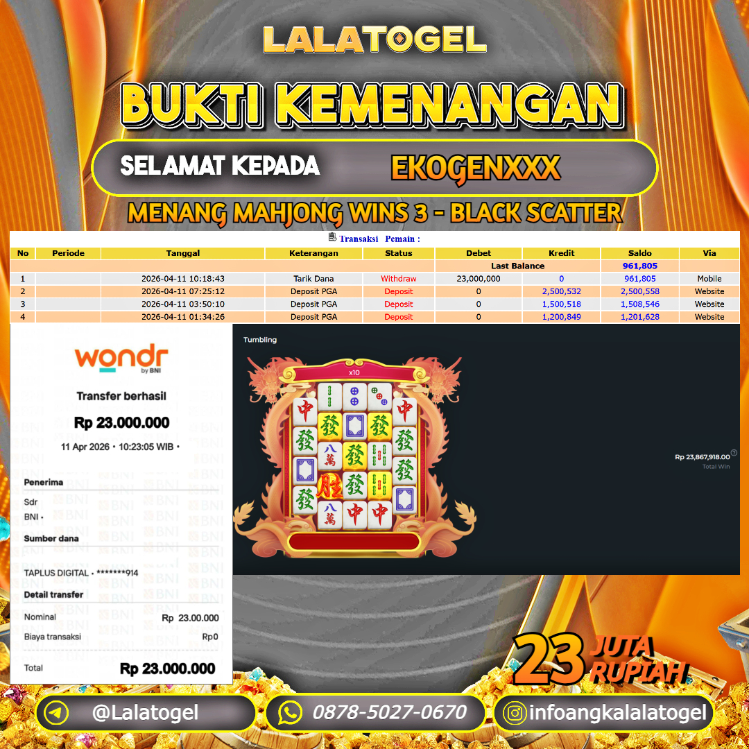 LALATOGEL JACKPOT SLOT MAHJONG WINS 3 - BLACK SCATTER RP.23.000.000, - LUNAS USER ID : EKOGENXXX