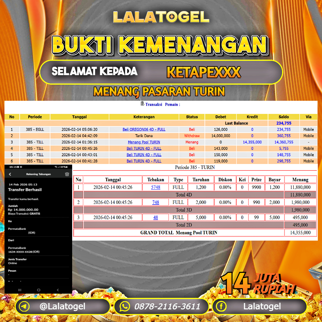 LALATOGEL JACKPOT TOGEL PASARAN TURIN RP.14.000.000, - LUNAS USER ID : KETAPEXXX