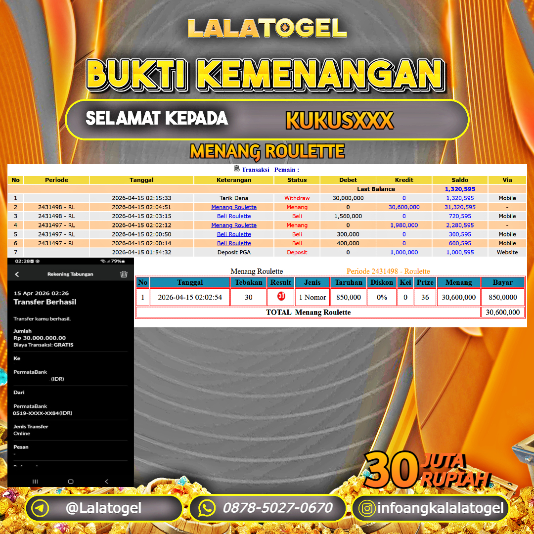 LALATOGEL JACKPOT LIVE GAMES ROULETTE RP.30.000.000, - LUNAS USER ID : KUKUSXXX
