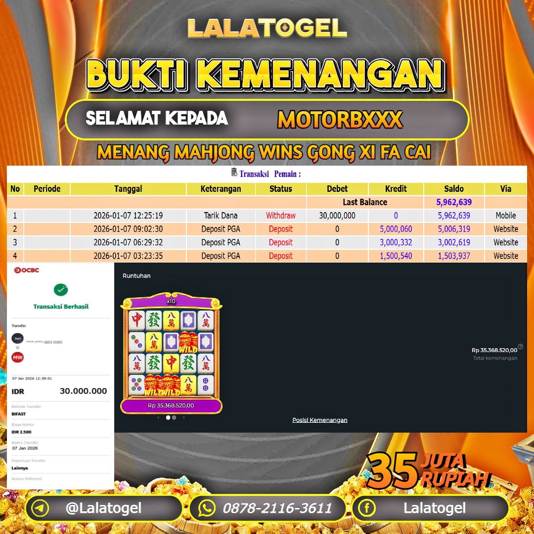 LALATOGEL JACKPOT SLOT MAHJONG WINS GONG XI FA CAI RP.35.000.000, - LUNAS USER ID : MOTORBXXX 