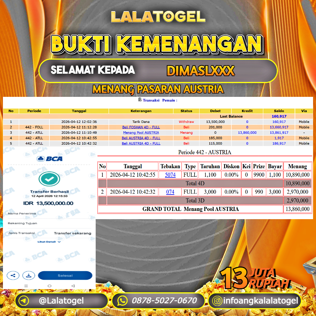 LALATOGEL JACKPOT TOGEL PASARAN AUSTRIA RP.13.000.000, - LUNAS USER ID : DIMASLXXX