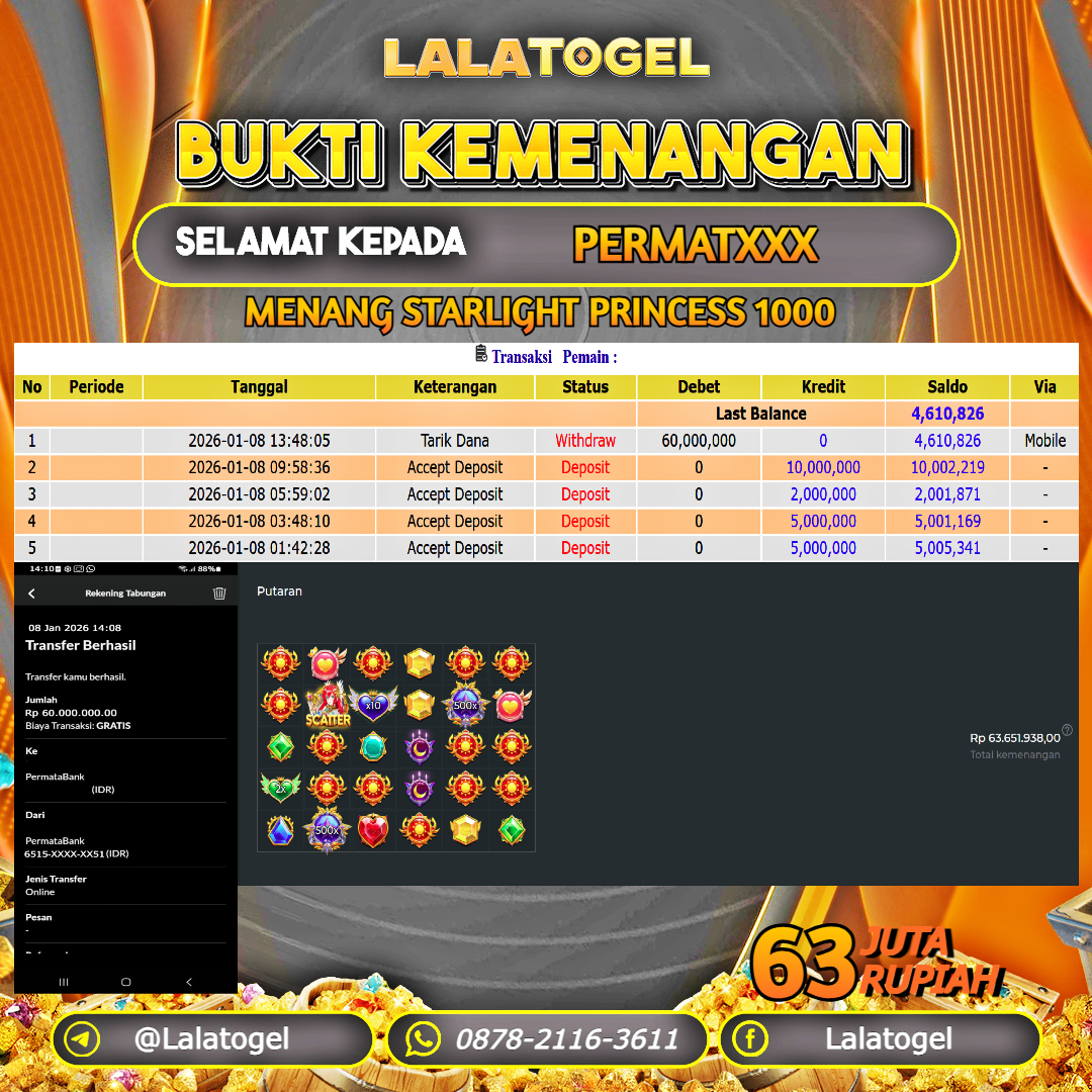 LALATOGEL JACKPOT SLOT STARLIGHT PRINCESS 1000 RP.63.000.000, - LUNAS USER ID : PERMATXXX 
