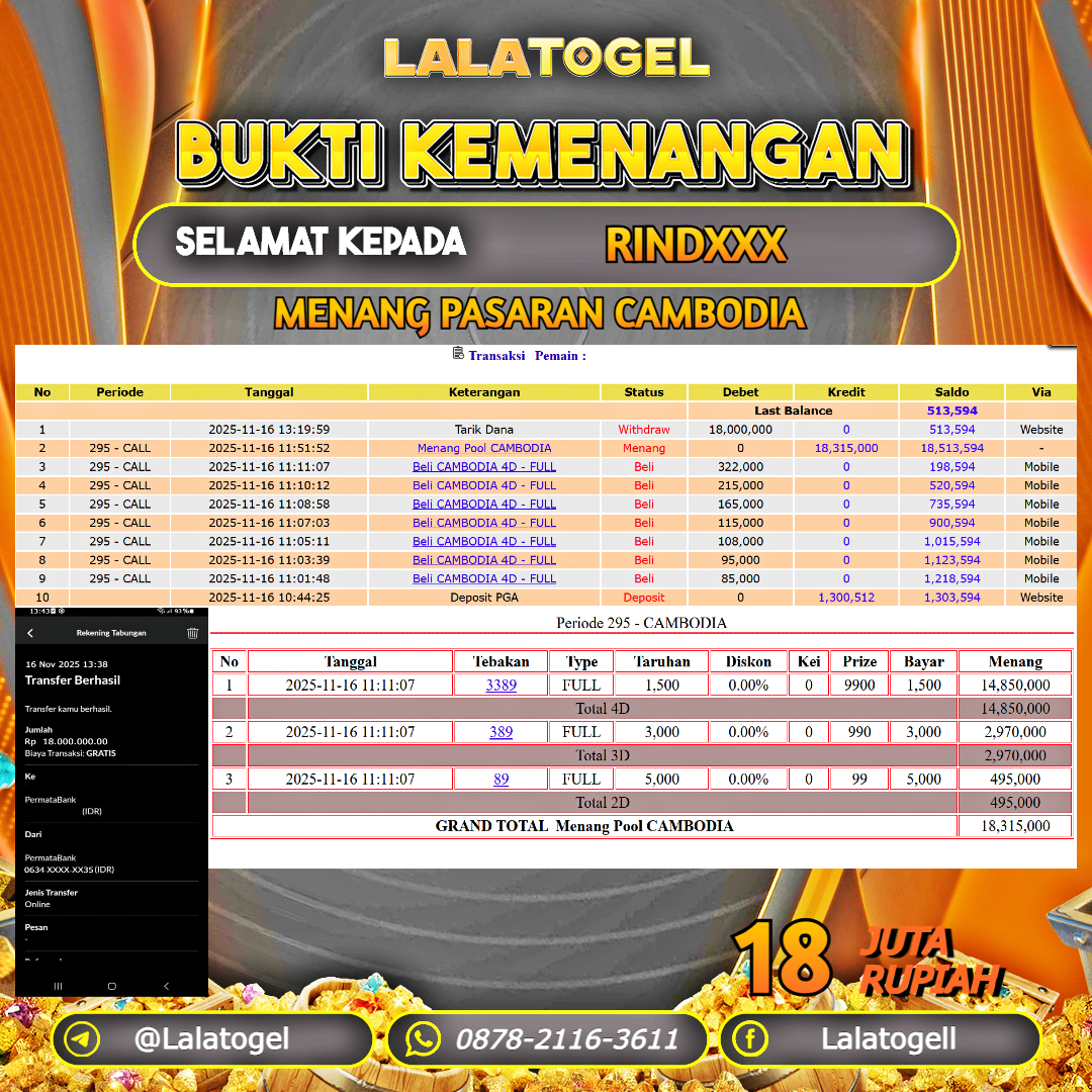 LALATOGEL JACKPOT TOGEL PASARAN CAMBODIA RP.18.000.000, - LUNAS USER ID :   RINDXXX  