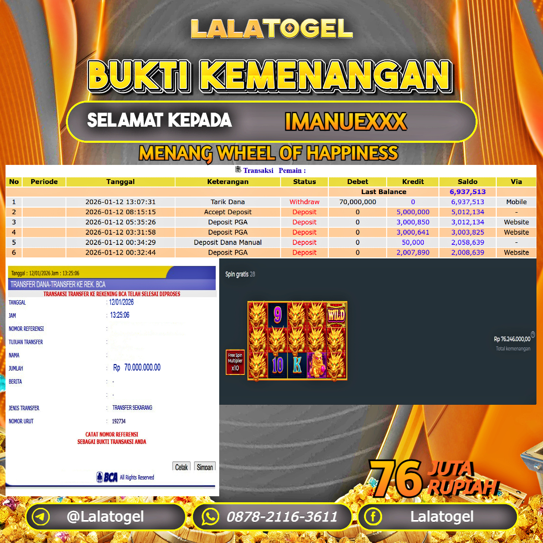 LALATOGEL JACKPOT SLOT WHEEL OF HAPPINESS RP.76.000.000, - LUNAS USER ID  : IMANUEXXX 