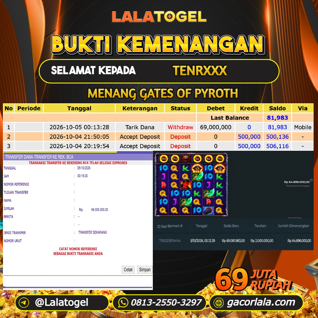LALATOGEL JACKPOT SLOT GAMES GATES OF PYROTH RP.69.000.000, - LUNAS USER ID : TENRXXX